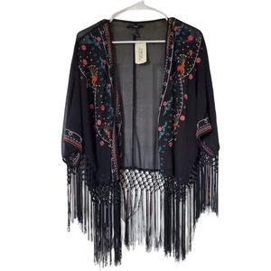Forever 21 Embroidered Fringe Tassel Black Kimono